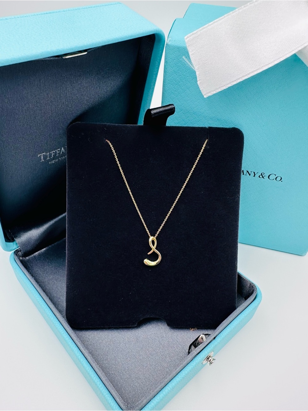 Tiffany & Co. 18K Yellow Gold Letter “S” Pendant Necklace 16” with Packaging